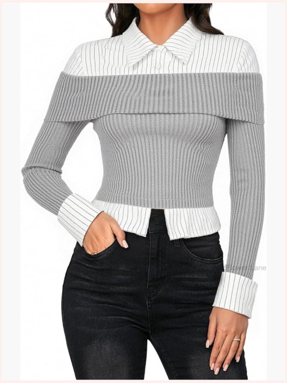 Striped Long Sleeve Collared Blouse 2 in 1 Work Tops Business Casual